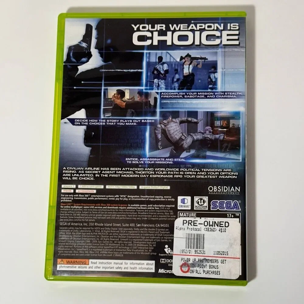 Alpha Protocol The Espionage RPG Xbox 360 Game 17+